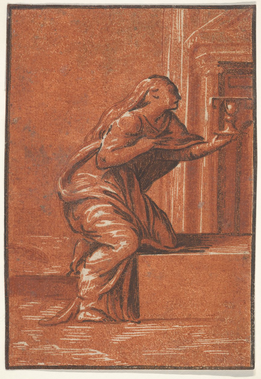 Faithin naishenkilöstö, joka polvistuu nostaen maljaa vasemmassa kädessään, af..., ca. 1520-1560. tekijältä Unbekannt