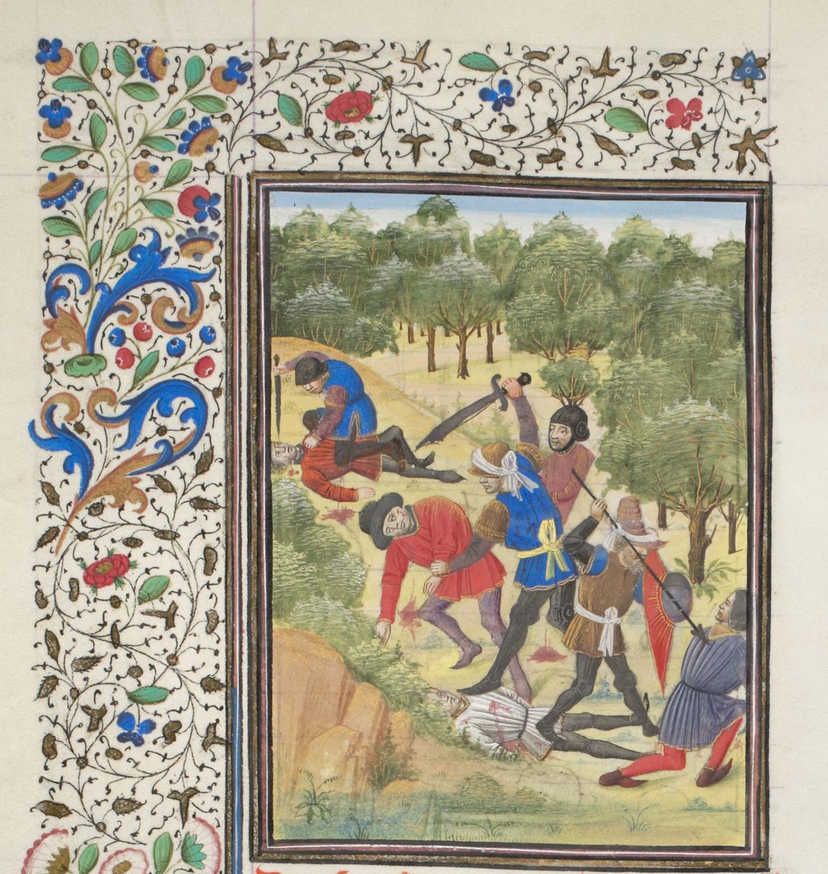 Taistele metsässä kristittyjen ja saraseenien välillä. Vilhelmin Tyroksen pienoismalli Historiasta, 1460-luku tekijältä Unbekannt