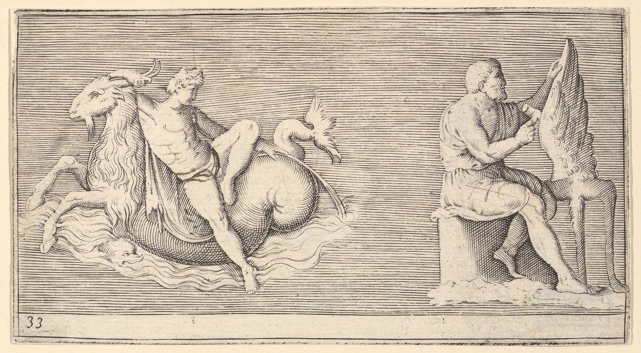 Figuuri on Seagoat, Man Carving Wing, julkaistu n. 1599-1622. tekijältä Unbekannt