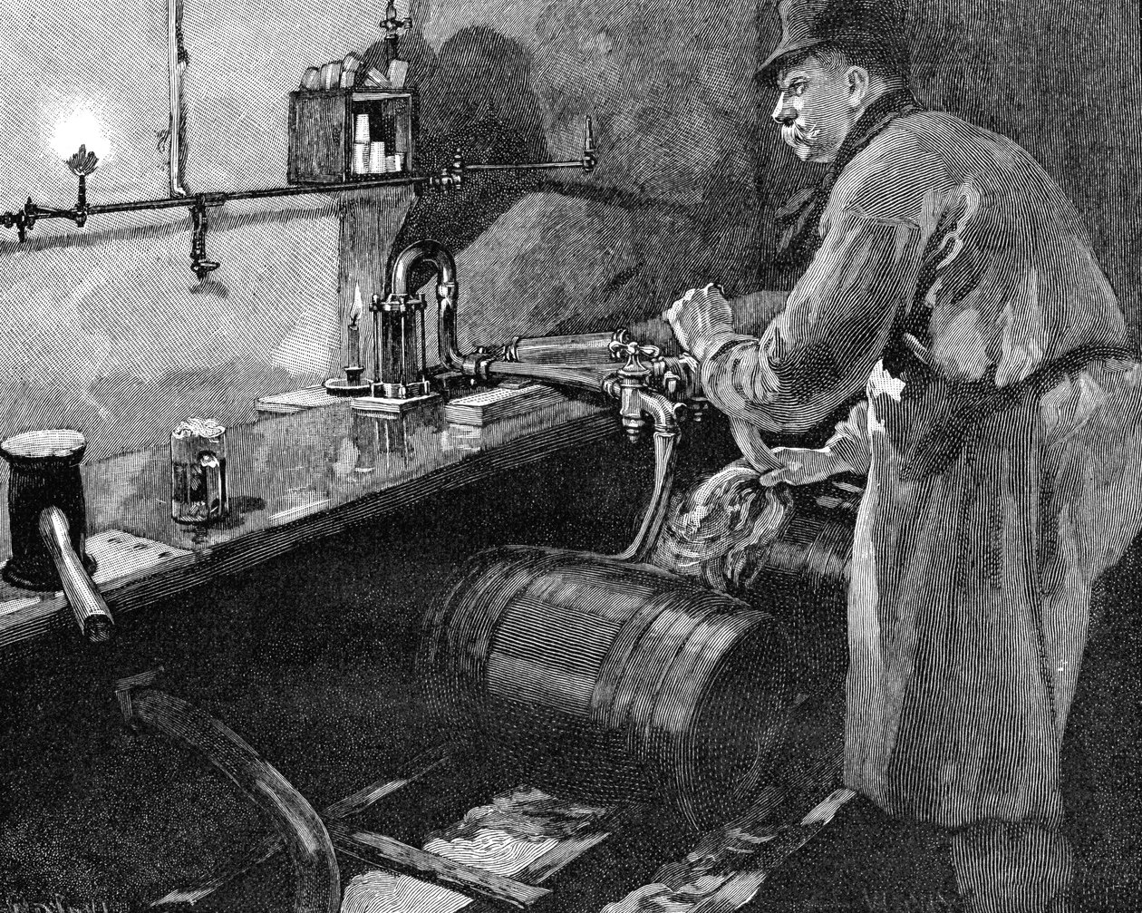 Oluttynnyrien täyttö amerikkalaisessa panimossa, 1885 tekijältä Unbekannt