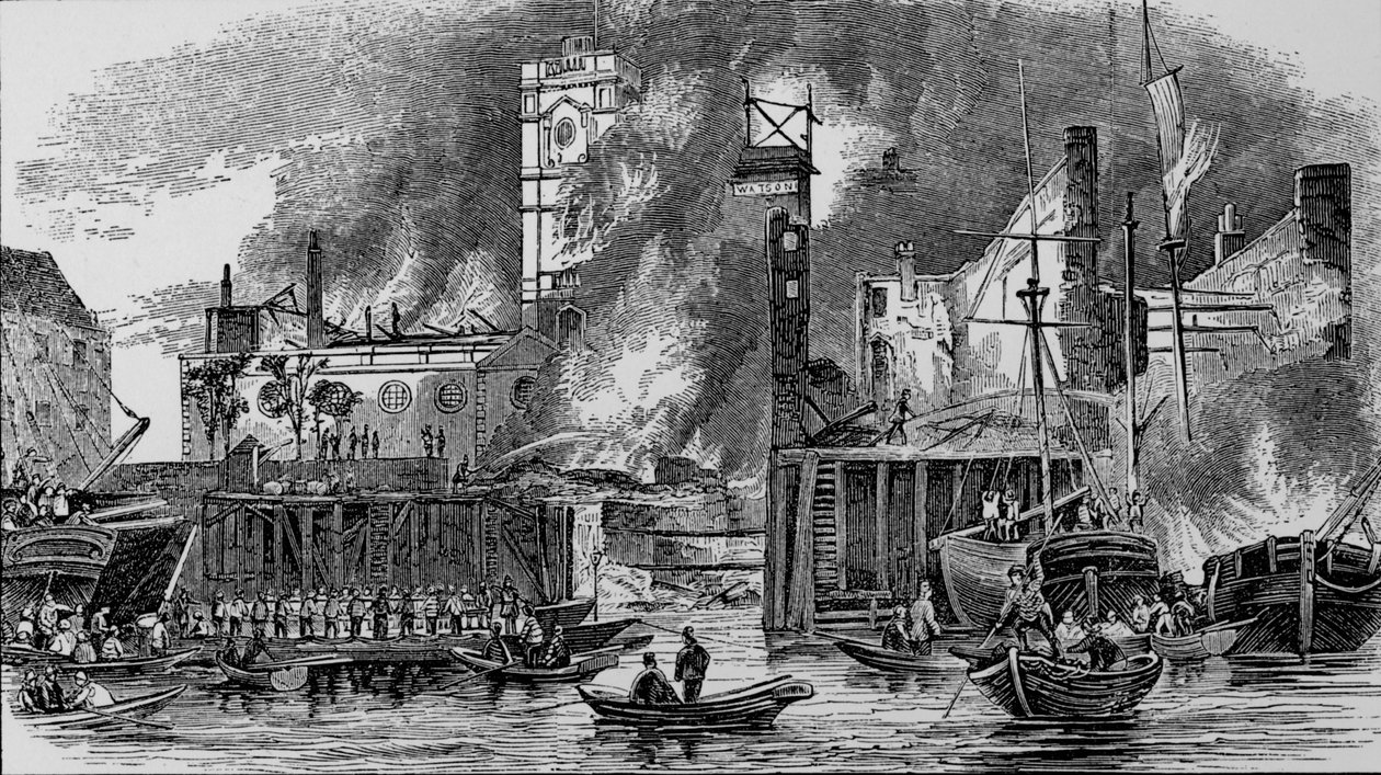 Tulipalo Toppings Wharfissa, London Bridge, 1843, c1843, 1912. tekijältä Unbekannt