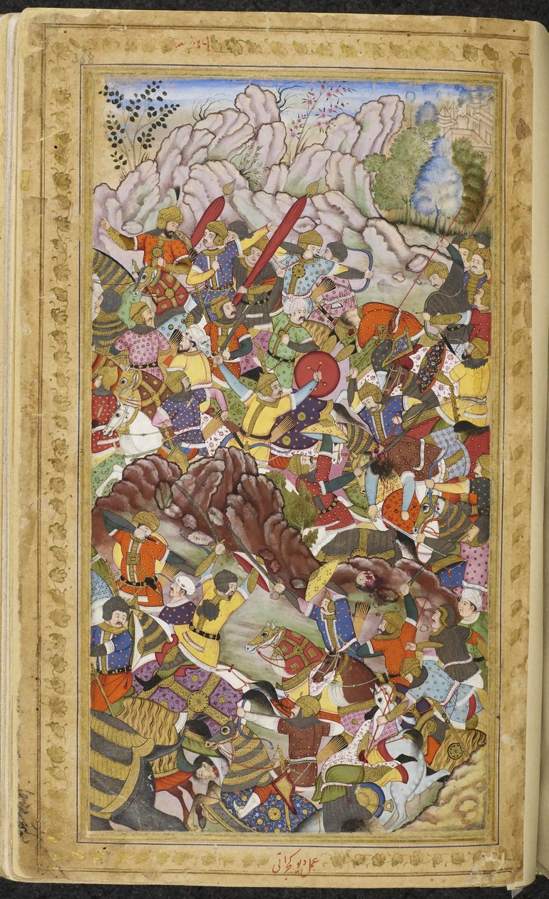 Ensimmäinen Panipatin taistelu, 1526. Miniatyyri Baburnamasta, noin 1592. tekijältä Unbekannt