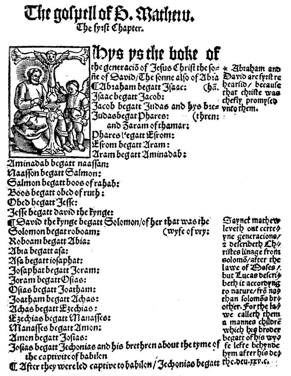 Matteuksen evankeliumin ensimmäinen sivu William Tyndalen englanninkielisestä Uudesta testamentista, 1525 tekijältä Unbekannt