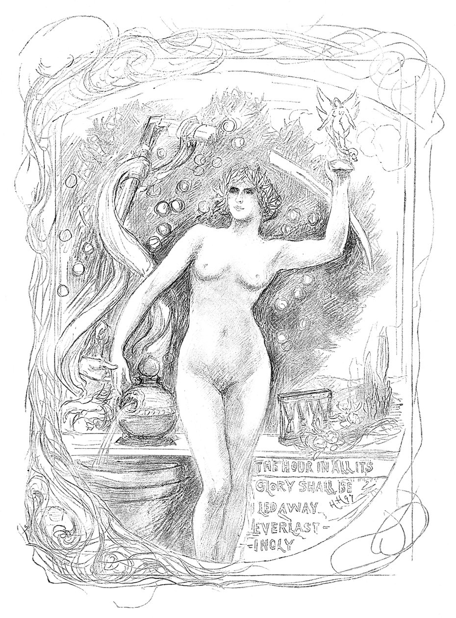 Ensimmäinen luonnos emalille Tunti kaikessa loistossaan johdetaan pois ikuisesti, 1899 tekijältä Unbekannt