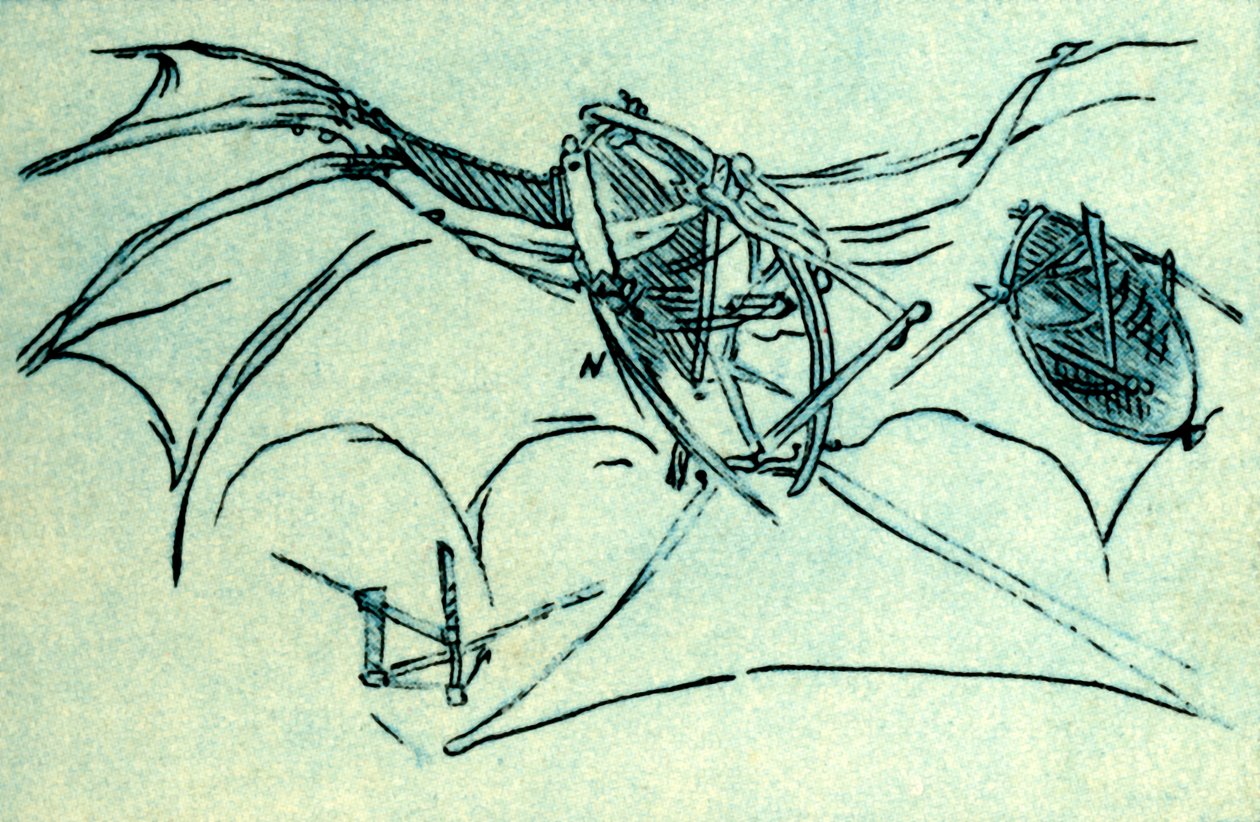 Leonardo da Vincin suunnittelema lentävä kone, c1485, 1932. tekijältä Unbekannt
