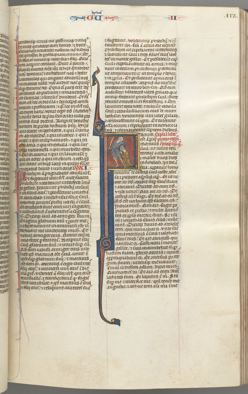 Fol. 112r, Kings II, historiallinen alkukirjain F, amalekilaisten pään mestaus, n. 1275-1300. tekijältä Unbekannt