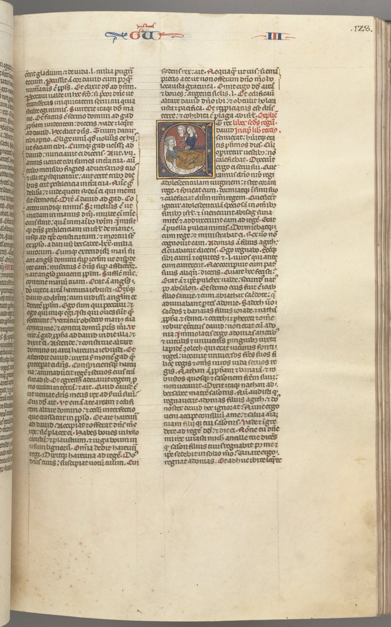Fol. 123r, Kings III, historiallinen alkukirjain E, avustaja, joka toi Abisagin Daavidille..., n. 1275-1300 tekijältä Unbekannt