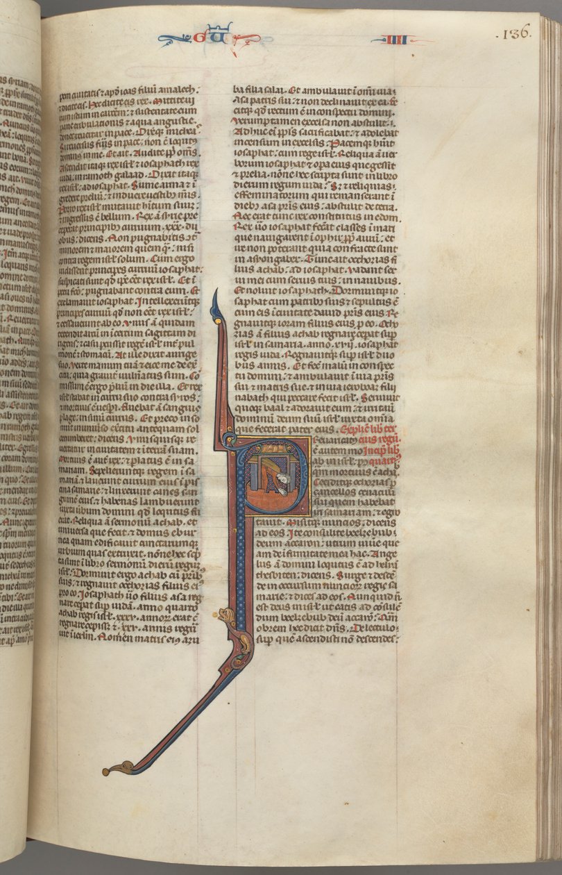 Fol. 136r, Kings IV, historiallinen alkukirjain P, Ahasja putoaa tornista, n. 1275-1300. tekijältä Unbekannt