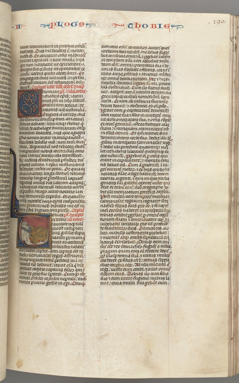 Fol. 190r,Tobit, historiallinen alkukirjain T, Tobit nukkumassa sängyssä, n. 1275-1300. tekijältä Unbekannt