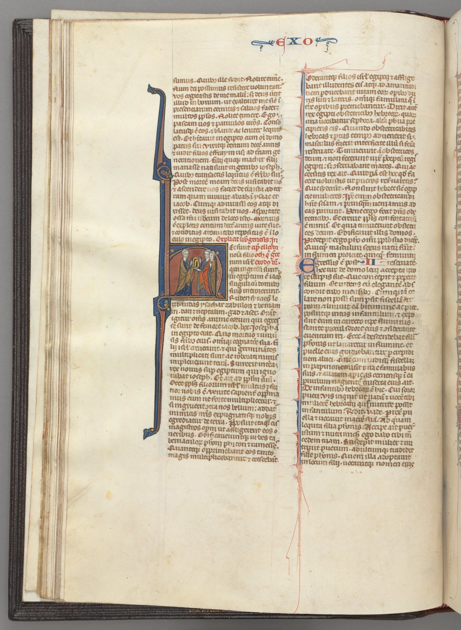 Fol. 20v, Exodus, historiallinen alku H, Mooses ja kaksi seuraajaa lain tauluilla, n. 127 tekijältä Unbekannt