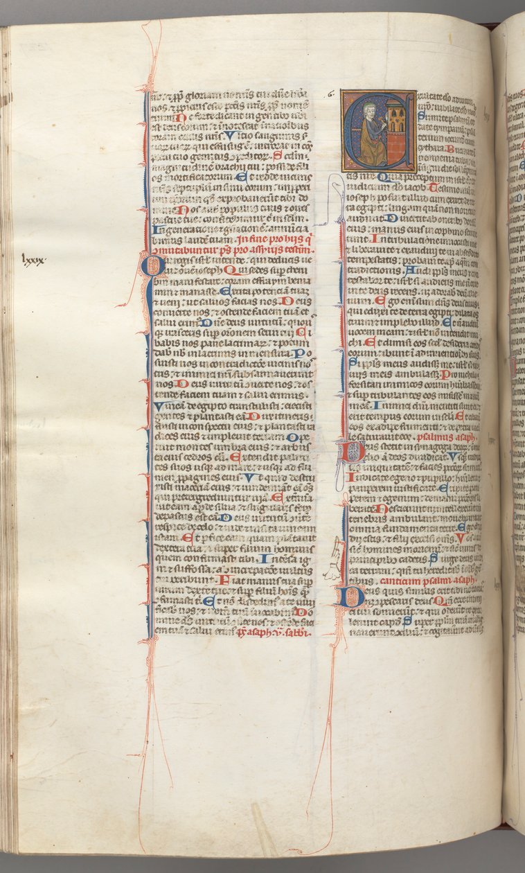 Fol. 227v, Psalmi 80, historiallinen alkukirjain E, Daavid lyömässä helvetin soittokelloa, n. 1275-1300. tekijältä Unbekannt