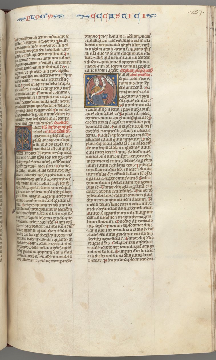 Fol. 257r, Ecclesiasticus, historiallinen alkukirjain O, Sirak istuu kirjakäärön kanssa, Jumalan rintakuva yllä, n. tekijältä Unbekannt