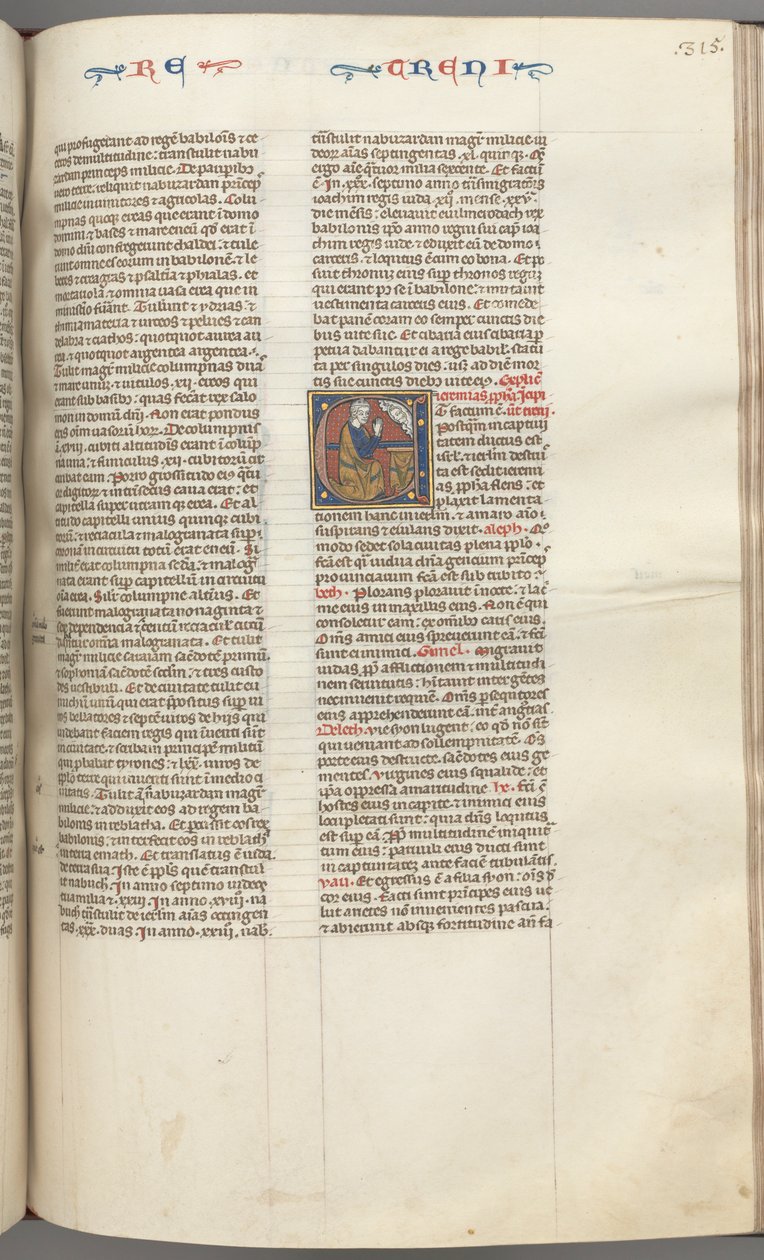 Fol. 315r, Valituslaulut, historiallinen alkukirjain E, polvistuva Jeremia rukoilemassa Jumalan rintakuvaa, n. 127 tekijältä Unbekannt