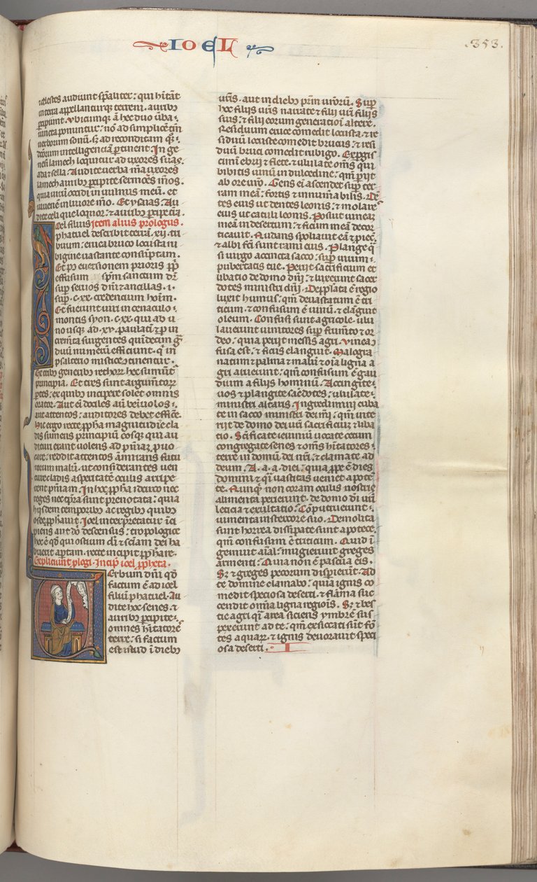 Fol. 353r, Joel, historiallinen alkukirjain V, Joel istuu kirjakäärön kanssa, Jumalan rintakuva yllä, n. 1275-1300. tekijältä Unbekannt