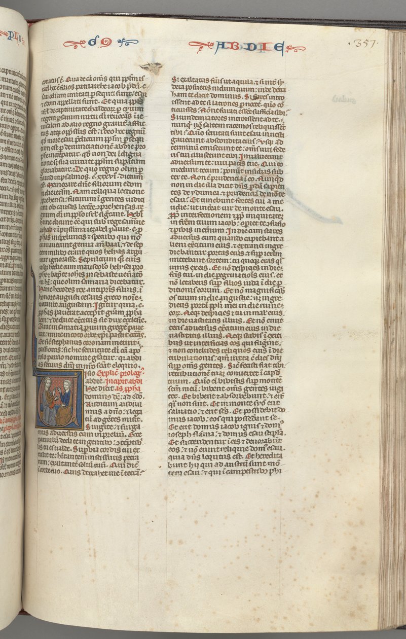 Fol. 357r, Obadja, historiallinen alkukirjain V, Obadja ja juutalainen keskustelussa, n. 1275-1300. tekijältä Unbekannt