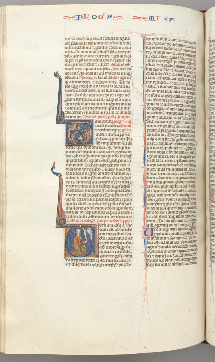 Fol. 358v, Miika, historiallinen alkukirjaus V, Miika polvistumassa, Jumalan rintakuva yllä, n. 1275-1300. tekijältä Unbekannt