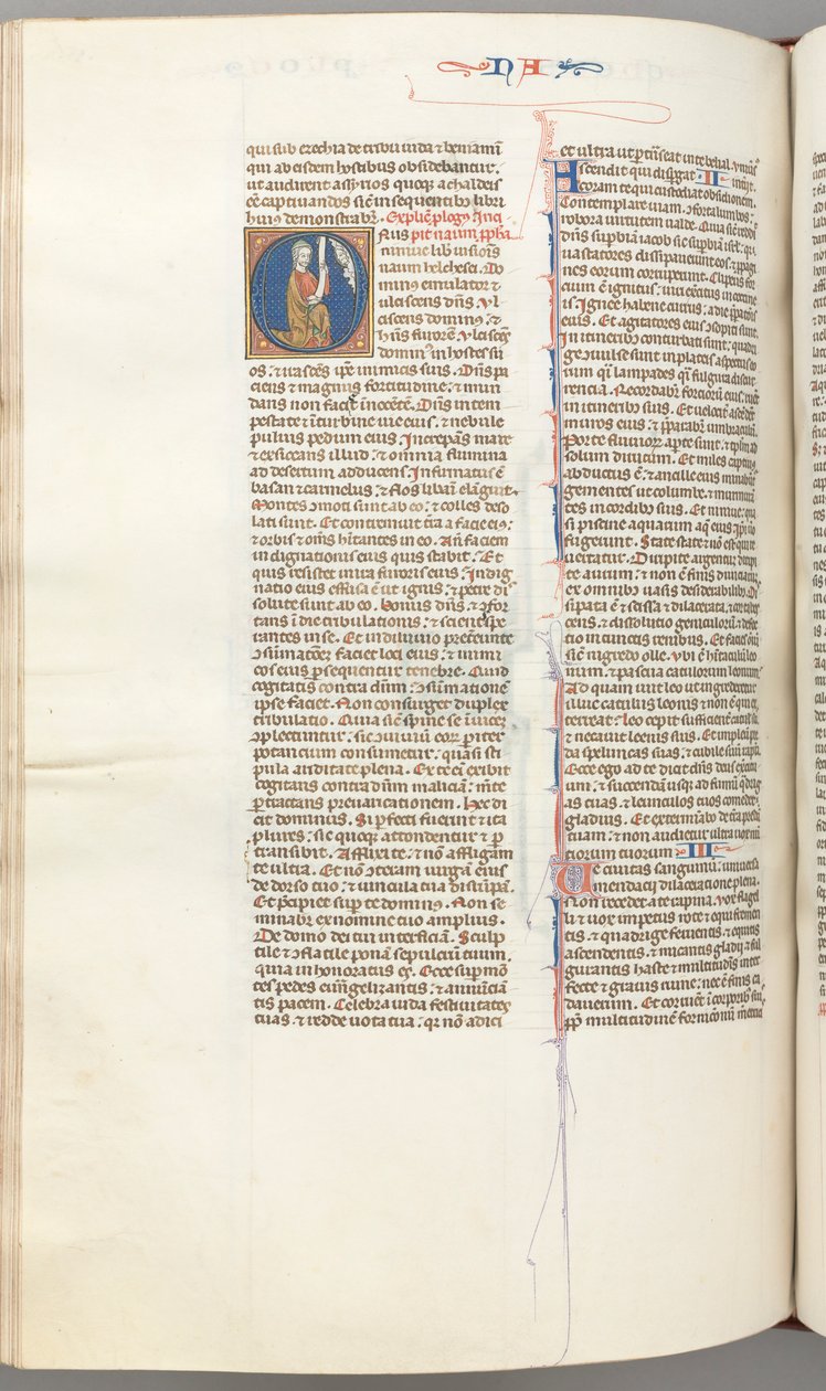 Fol. 360v, Nahum, historiallinen alkukirjain O, Nahum polvistumassa kirjakääröllä, Jumalan rintakuva yllä, n. 1275-13 tekijältä Unbekannt