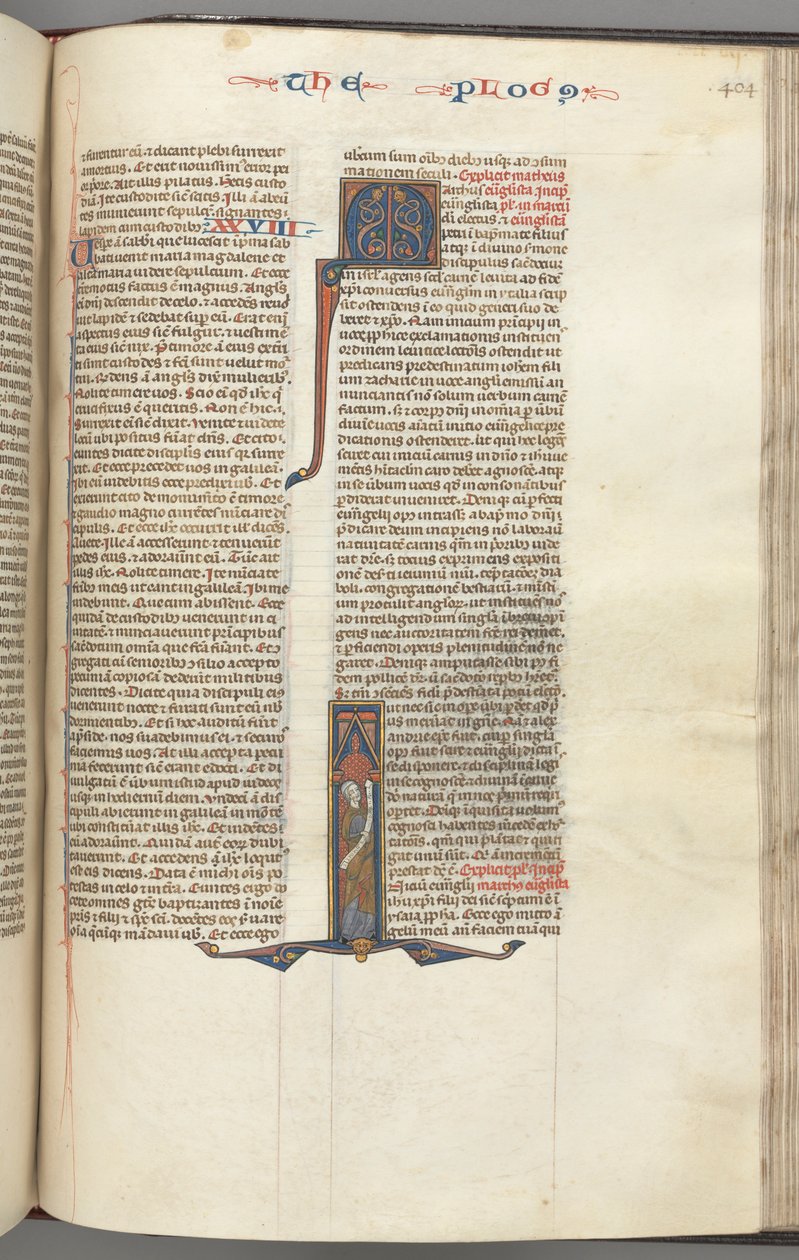 Fol. 404r, Markus, historiallinen alkukirjain I, Mark seisoo kirjakäärön kanssa, n. 1275-1300. tekijältä Unbekannt