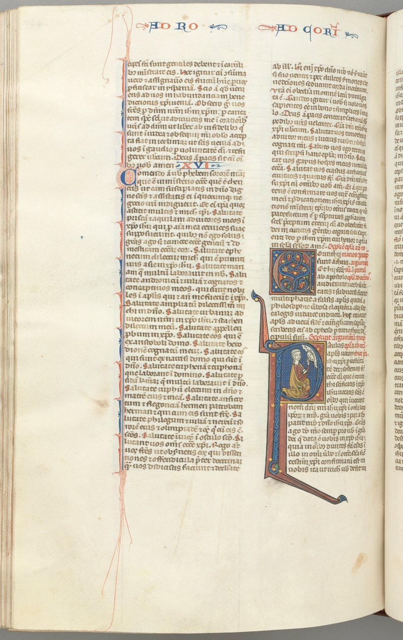 Fol. 440v, Korinttilaisille I, historiallinen alkukirjaus P, Paavali polvistumassa puhumassa Jumalan rintakuvalle yläpuolella, n. tekijältä Unbekannt