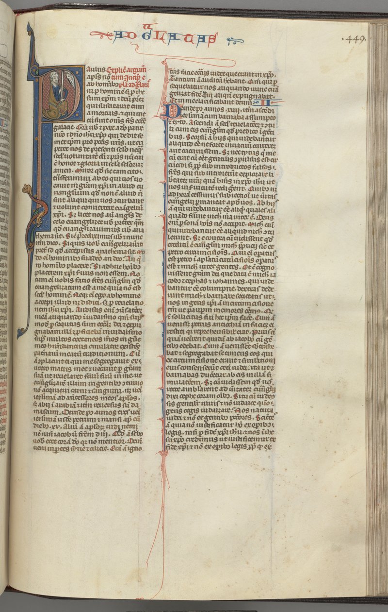 Fol. 449r, Galatalaiskirje, historiallinen alkukirjain P, Paavali istuu miekan kanssa, n. 1275-1300. tekijältä Unbekannt