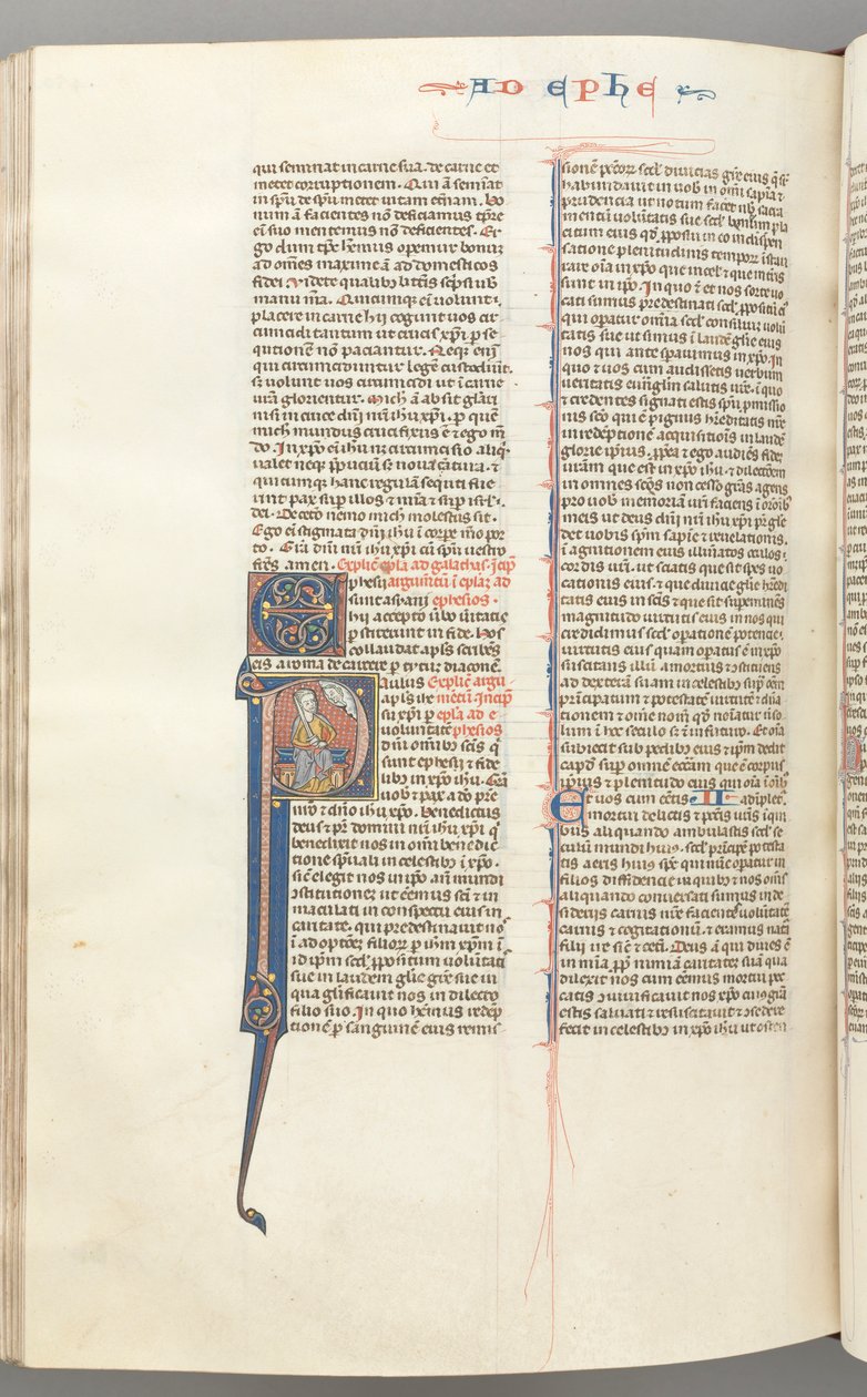 Fol. 450v, efesolaisille, historiallinen alkukirjaus P, Paavali istuu miekalla, Jumalan rintakuva yllä, n. 127 tekijältä Unbekannt