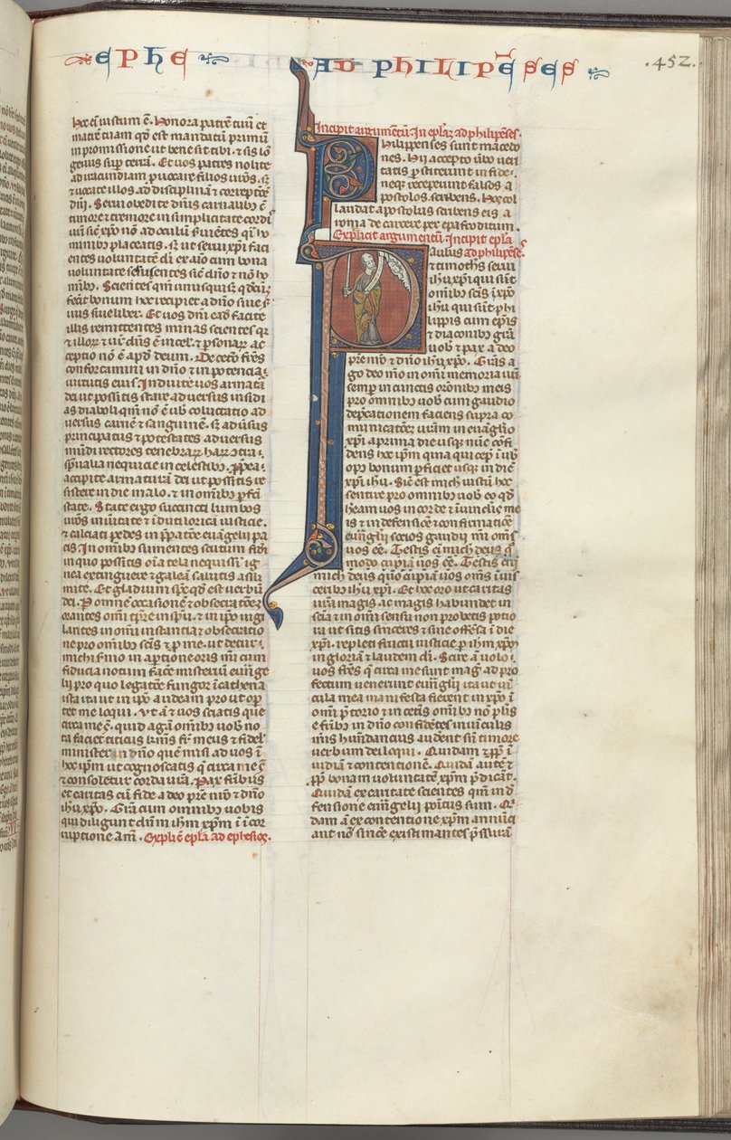 Fol. 452r, filippiläiset, historiallinen alkukirjain P, Paavali seisoo miekalla ja kirjakääröllä ja puhuu t:lle tekijältä Unbekannt