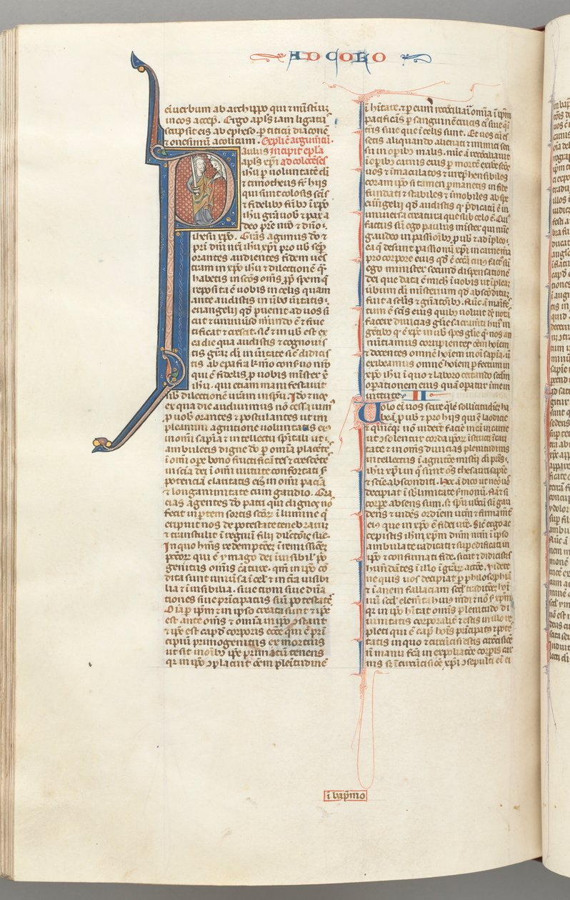 Fol. 453v, kolossalaiset, historiallinen alkukirjain P, Paavali seisomassa puhumassa Jumalan rintakuvalle yläpuolella, n. 127 tekijältä Unbekannt