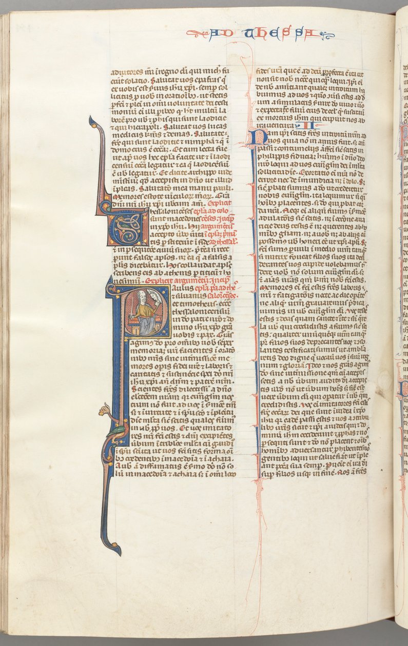 Fol. 454v, Thessalonikalaiskirje I, historiallinen alkukirjain P, Paavali istuu miekan ja kirjan kanssa..., n. 1275-13 tekijältä Unbekannt