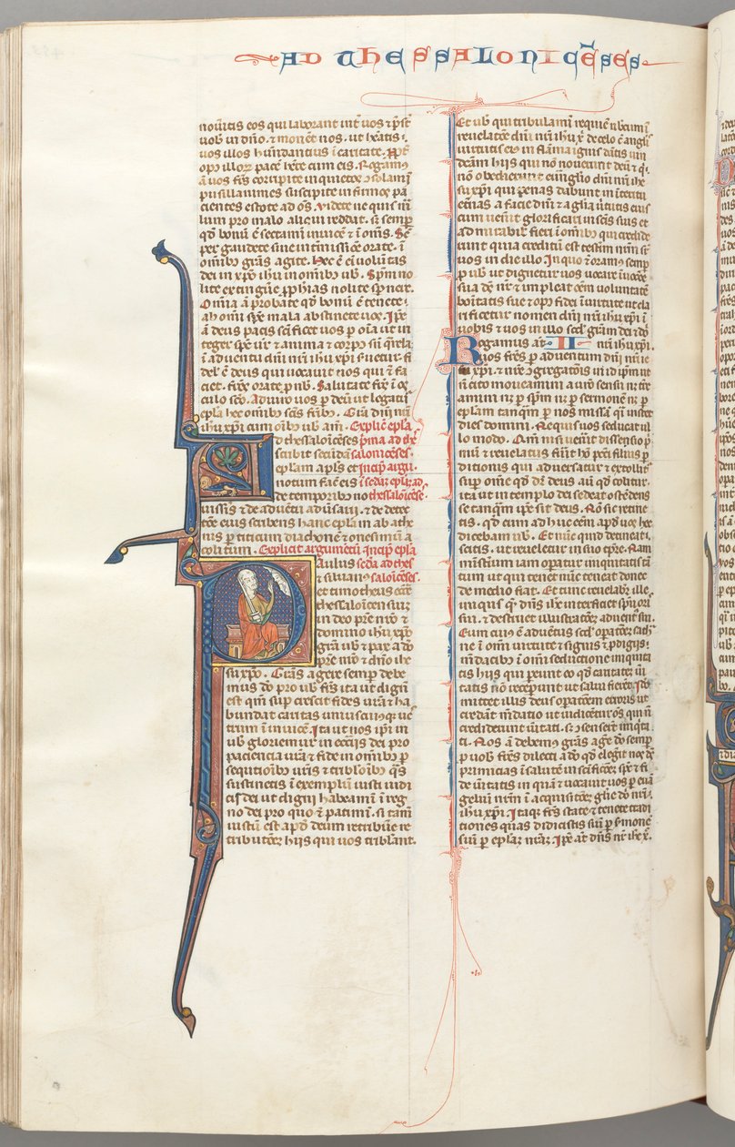 Fol. 455v, Thessalonikalaisille II, historiallinen alkukirjain P, Paavali istuu miekalla..., n. 1275-1300. tekijältä Unbekannt