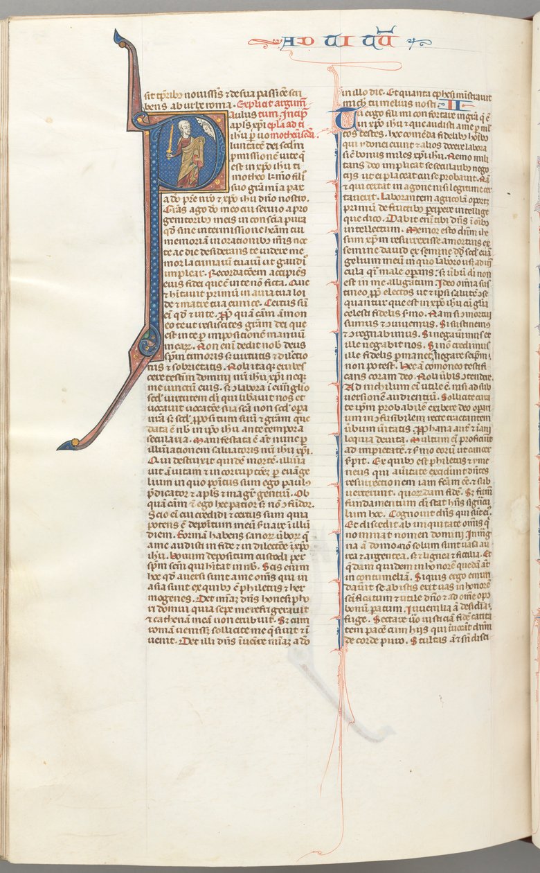 Fol. 457v, Timoteus II, historiallinen alkukirjain P, Paavali puhuu Jumalan rintakuvalle yllä, n. 1275-1300. tekijältä Unbekannt