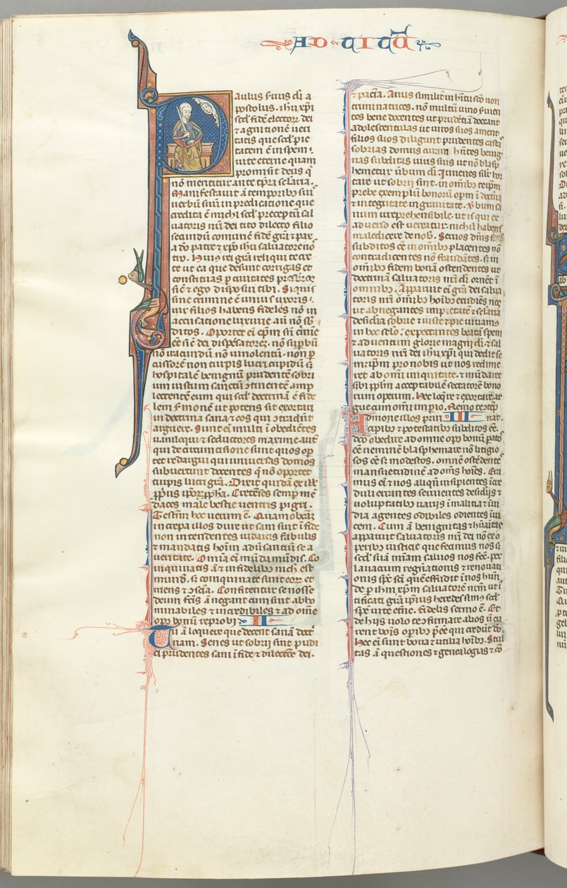 Fol. 458v, Titus, historiallinen alkukirjain P, Paavali istuu miekan kanssa, n. 1275-1300. tekijältä Unbekannt
