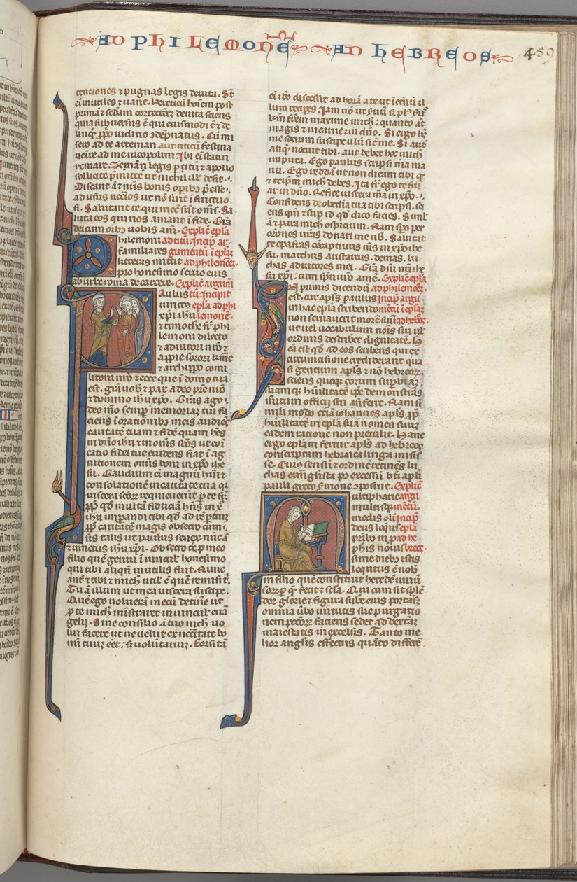 Fol. 459r, Philemon, historiallinen alkukirjain P, Paavali puhui kolmelle miehelle ja heprealaisille..., n. 1275-1300. tekijältä Unbekannt