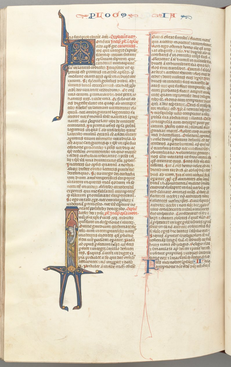 Fol. 476v, James, historiallinen alkukirjain I, James seisomassa kirjakäärön kanssa, n. 1275-1300. tekijältä Unbekannt