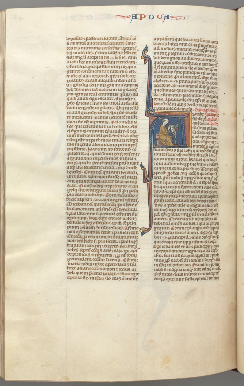 Fol. 482v, Revelations, historiallinen alkukirjain A, John istuu pöydän ääressä kirjoittaen..., n. 1275-1300. tekijältä Unbekannt