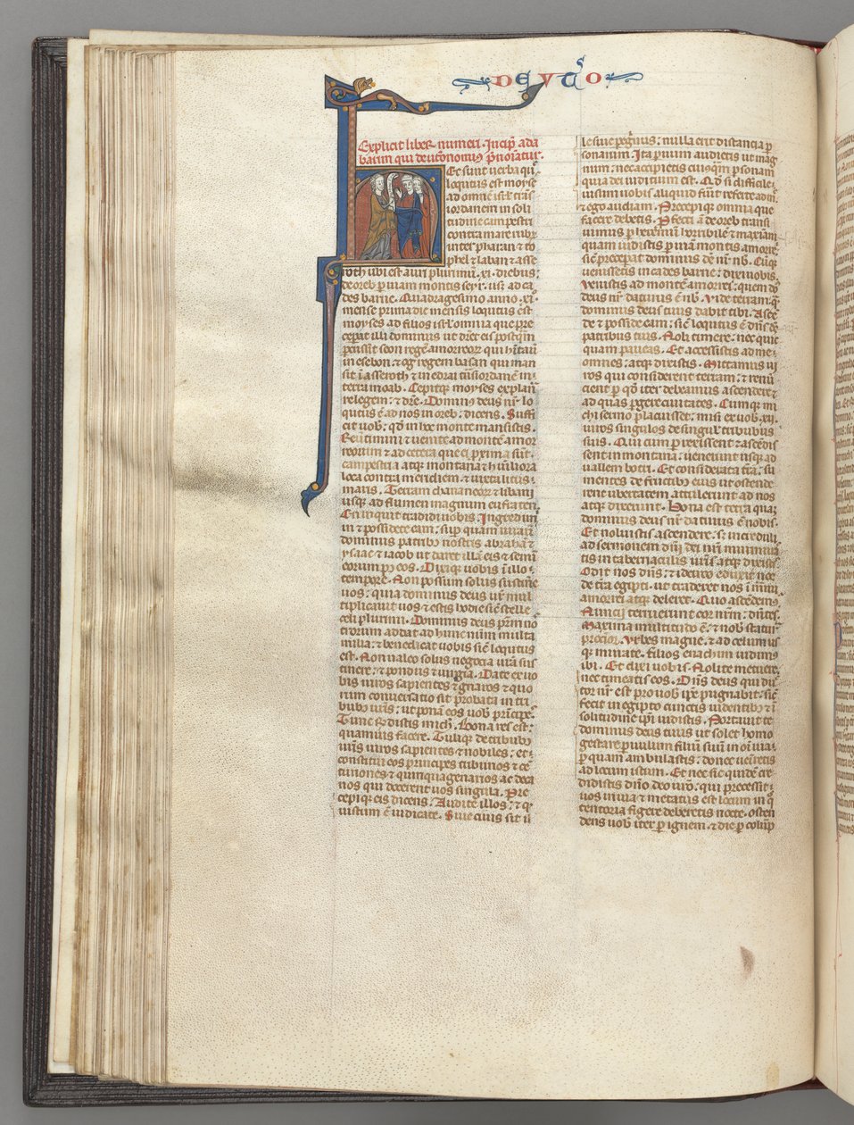 Fol. 62v, Mooseksen kirja, historiallinen alkukirjain H, Mooses sarvet ja kirjakäärö saarnaa..., n. 1275-1300 tekijältä Unbekannt