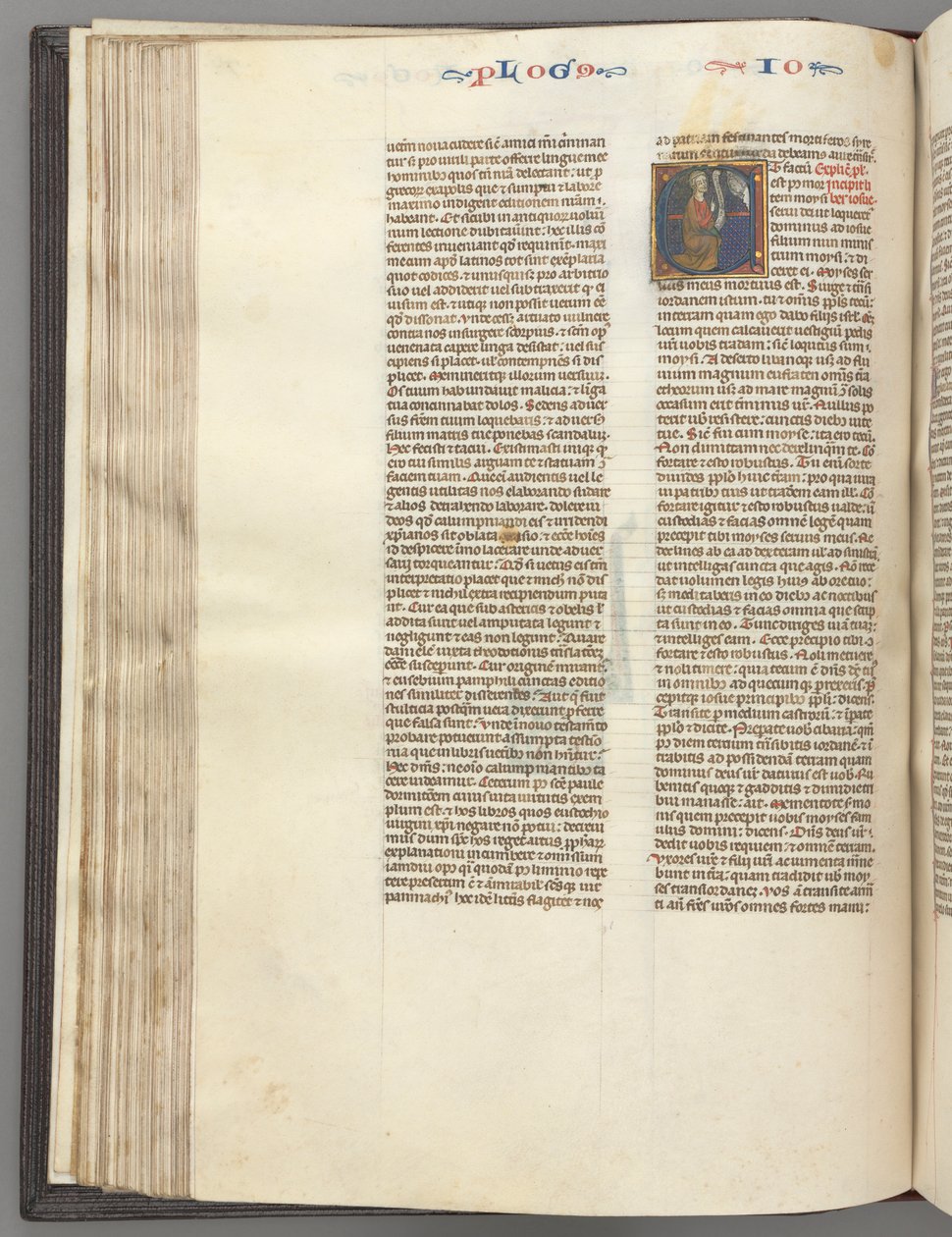 Fol. 76v, Joshua, historiallinen alkukirjain E, Joosua kirjakääröllä polvistumassa Jumalan edessä, n. 1275-1300. tekijältä Unbekannt