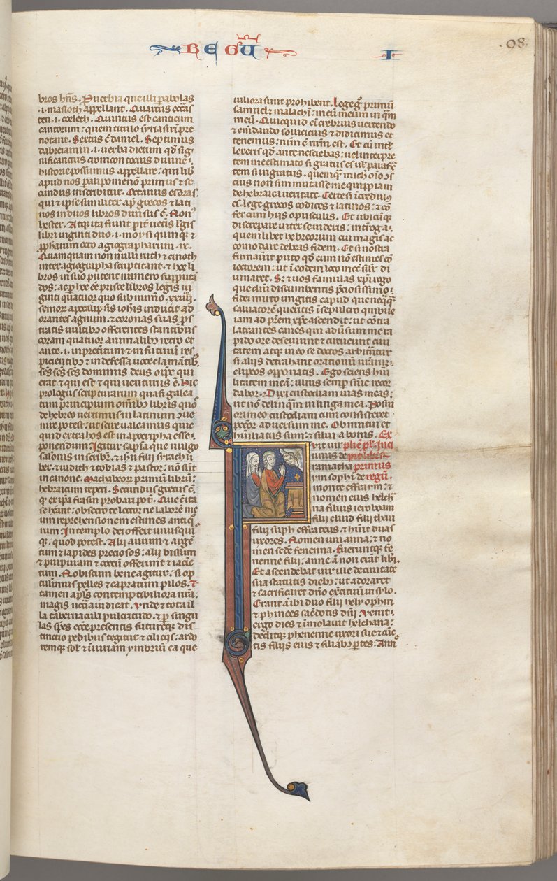 Fol. 98r, Kings I, historiallinen alkukirjain F, Elkanah ja Hanna polvistumassa alttarin edessä..., n. 1275-13 tekijältä Unbekannt