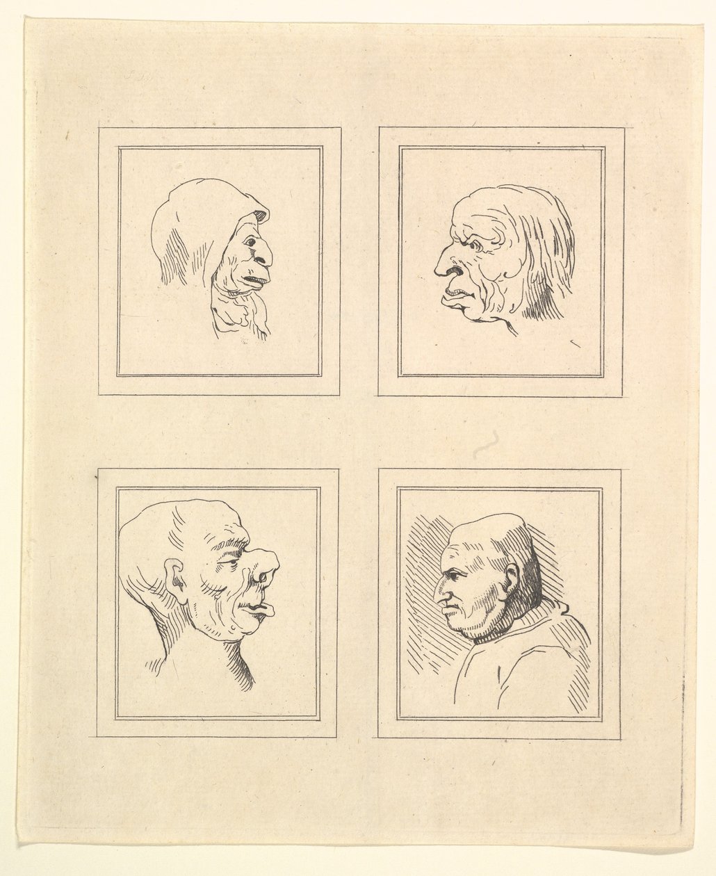 Neljä päätä Leonardo da Vincin Characaturasista, Wincelslaus Hollarin piirustuksista, o..., 1786. tekijältä Unbekannt