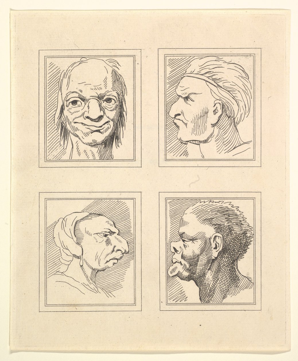 Neljä päätä Leonardo da Vincin Characaturasista, Wincelslaus Hollarin piirustuksista, o..., 1786. tekijältä Unbekannt