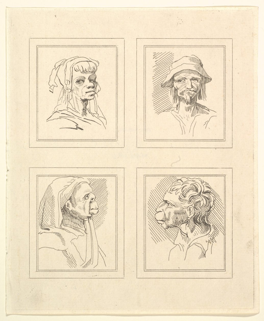 Neljä päätä Leonardo da Vincin Characaturasista, Wincelslaus Hollarin piirustuksista, o..., 1786. tekijältä Unbekannt