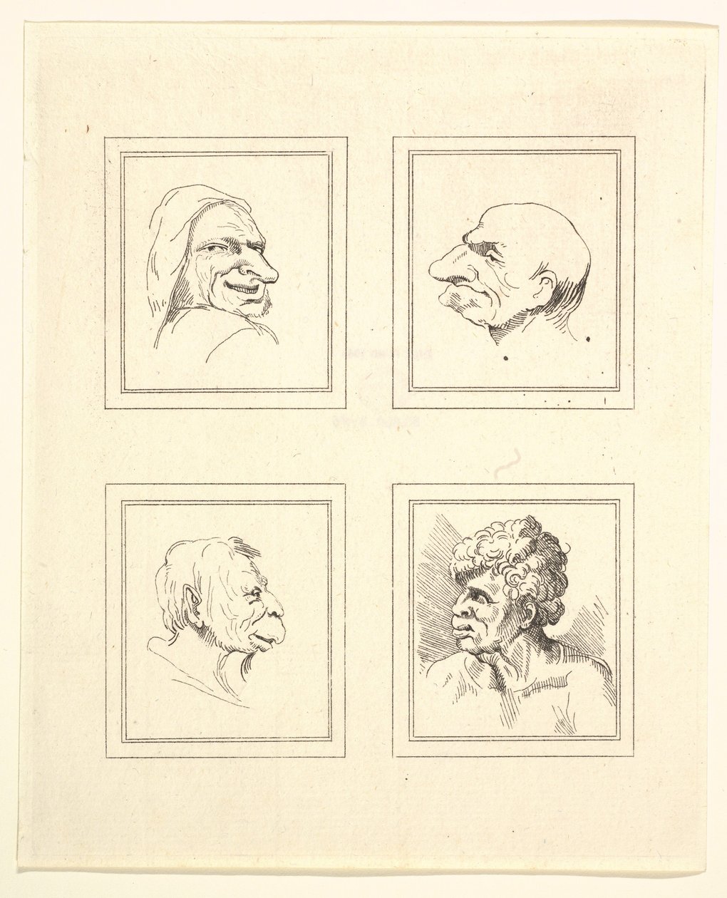 Neljä päätä Leonardo da Vincin Characaturasista, Wincelslaus Hollarin piirustuksista, o..., 1786. tekijältä Unbekannt