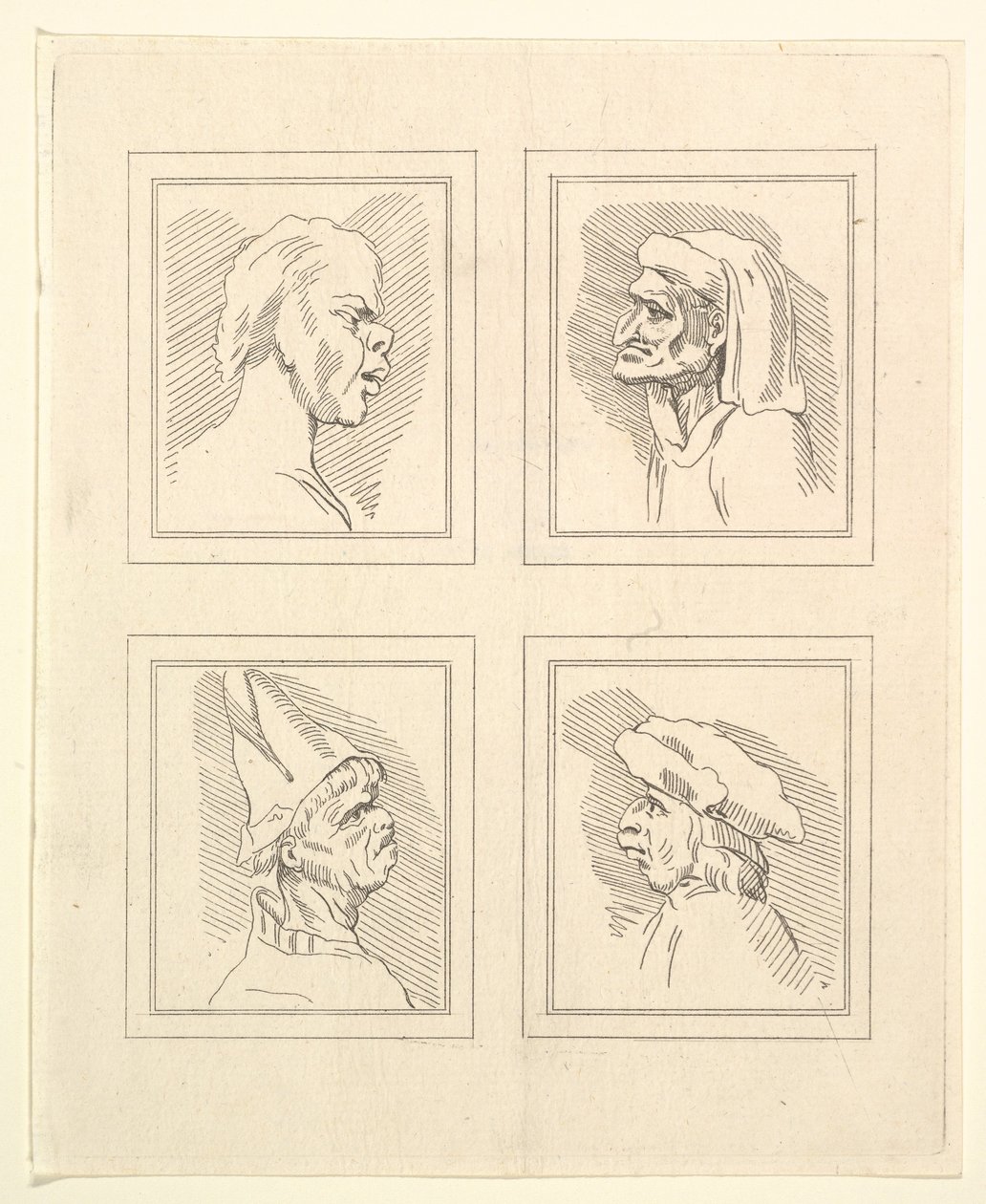 Neljä päätä Leonardo da Vincin Characaturasista, Wincelslaus Hollarin piirustuksista, o..., 1786. tekijältä Unbekannt