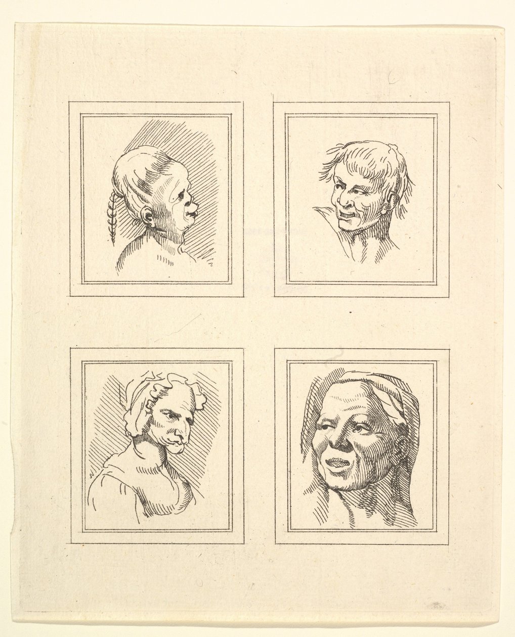 Neljä päätä Leonardo da Vincin Characaturasista, Wincelslaus Hollarin piirustuksista, o..., 1786. tekijältä Unbekannt
