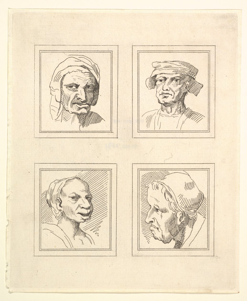 Neljä päätä Leonardo da Vincin Characaturasista, Wincelslaus Hollarin piirustuksista, o..., 1786. tekijältä Unbekannt