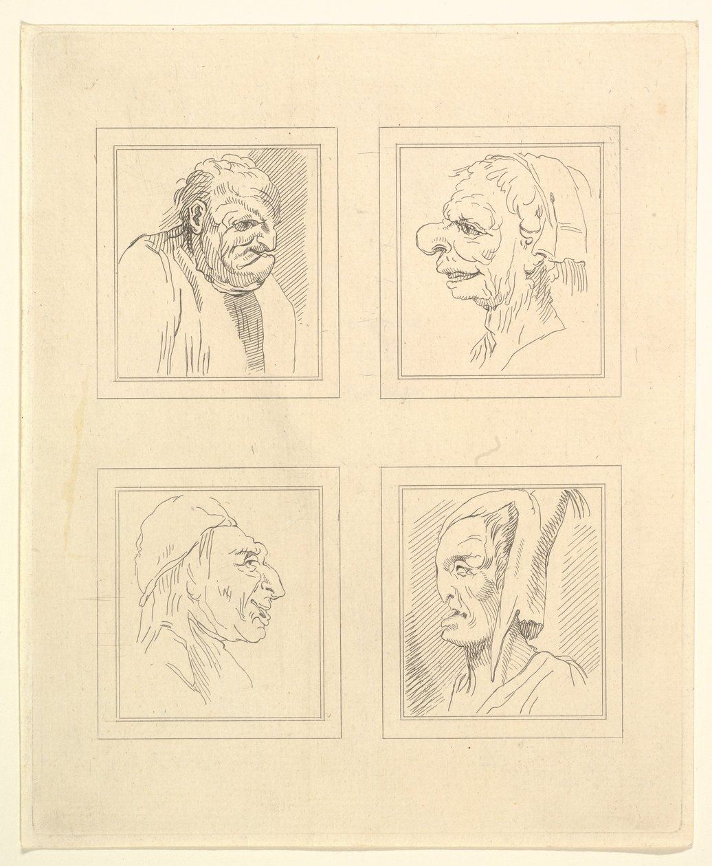 Neljä päätä Leonardo da Vincin Characaturasista, Wincelslaus Hollarin piirustuksista, o..., 1786. tekijältä Unbekannt