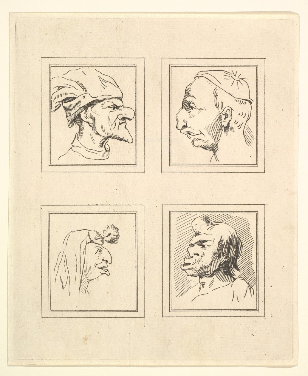 Neljä päätä Leonardo da Vincin Characaturasista, Wincelslaus Hollarin piirustuksista, o..., 1786. tekijältä Unbekannt