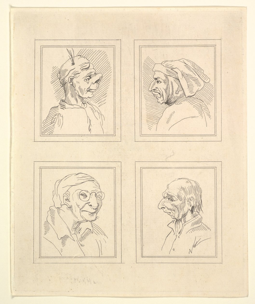 Neljä päätä Leonardo da Vincin Characaturasista, Wincelslaus Hollarin piirustuksista, o..., 1786. tekijältä Unbekannt