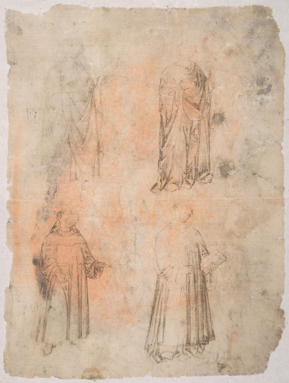 Neljä pyhää recto, kaksi pyhää, istuva Madonna ja polvistuva figuuri, 1300-luku. tekijältä Unbekannt