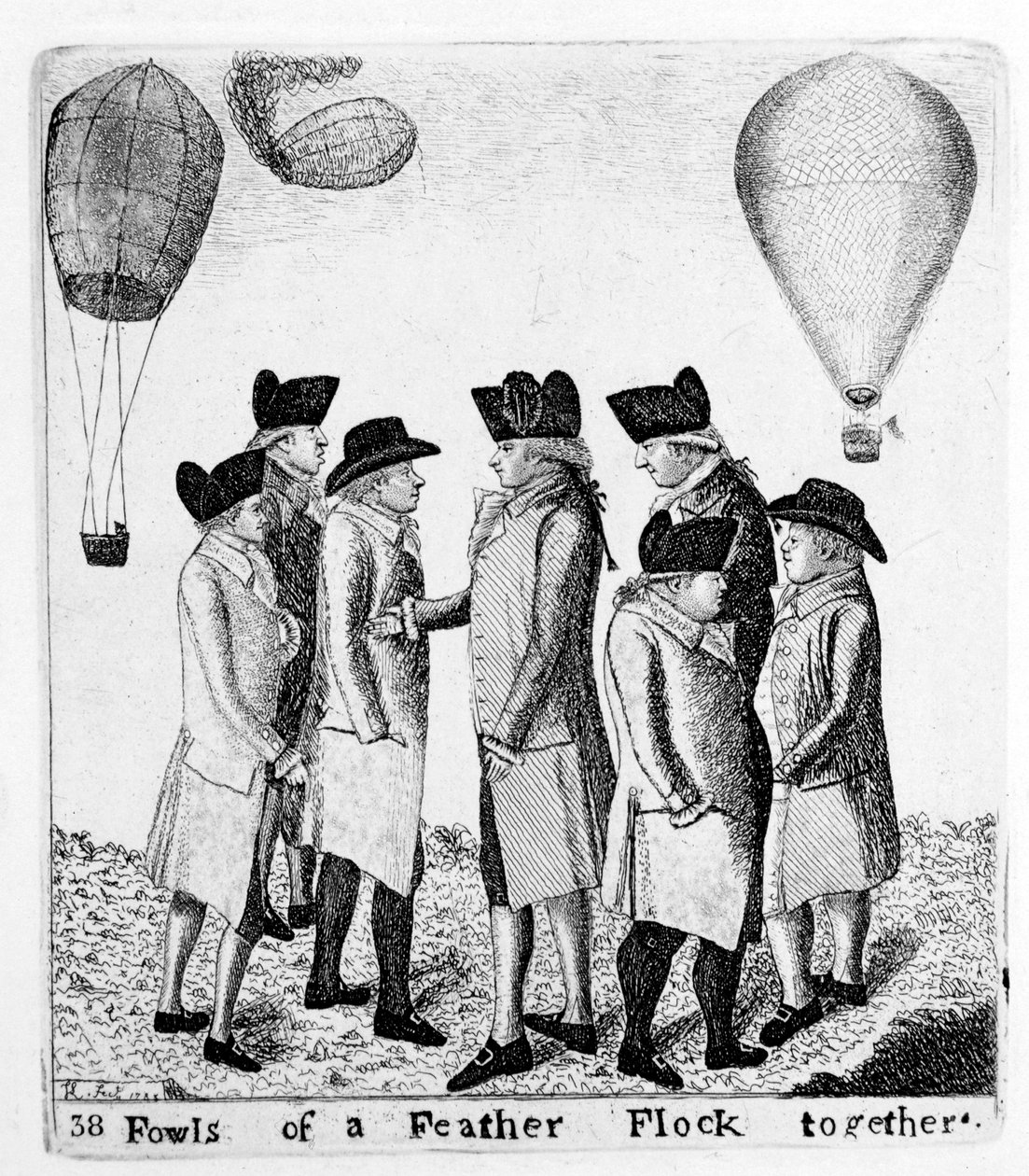 Höyhenparven linnut yhdessä, ryhmä ilmailuja, c1785 tekijältä Unbekannt