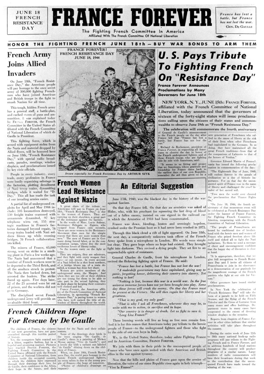 France Forever, sanomalehti, 18. kesäkuuta 1944 tekijältä Unbekannt
